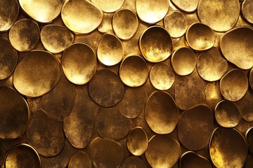 Unique hammered gold metal texture showcasing uneven circular patterns and a luxurious appearance for artistic backgrounds