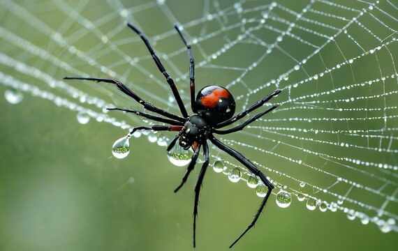 Redback Spider Web Dewdrops Macro Shot Nature Photography - Powered by Adobe