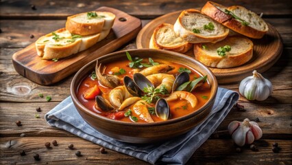 Rustic Bouillabaisse with French Baguette Slices on Wooden Table
