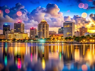 Obraz premium West Palm Beach Florida Skyline Night Bokeh Photography - Stunning Cityscape at Dusk
