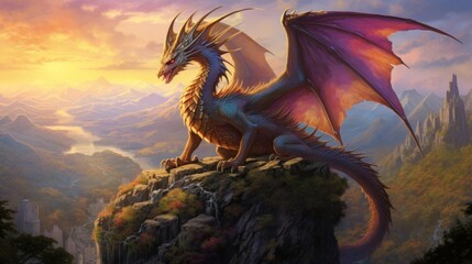 A majestic fantasy dragon perched regally on a towering rock, its scales shimmering in the light, overlooking a mystical landscape below.