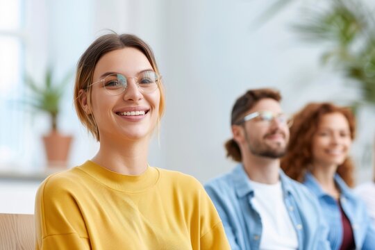 A cheerful group of young adults in casual attire, sitting together in a bright environment, showcasing a sense of community and engagement.
