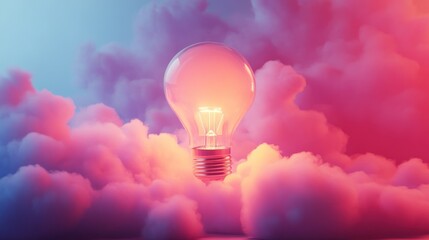 Glowing lightbulb in vibrant pink and blue clouds.