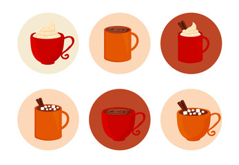 Set of hot drink mugs. Story Highlights. flat designs for autumn season. 