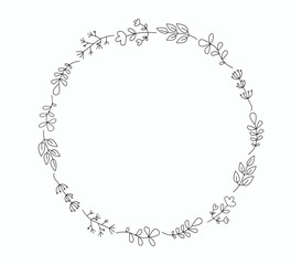 Set of simple drawings of plants, flowers, branches, leaves. Round frame, plant border. Hand drawn linear icons. Background, place for text.