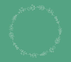 Set of simple drawings of plants, flowers, branches, leaves. Round frame, plant border. Hand drawn linear icons. Background, place for text.