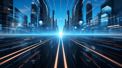 A futuristic cityscape with digital interface, hard light, space on the left for logo,generative ai illustration