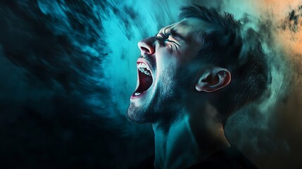 Intense Portrait of a Young Man Emitting Raw Emotion with a Powerful Scream Surrounded by Dramatic Colored Smoke and Mysterious Lighting Effects