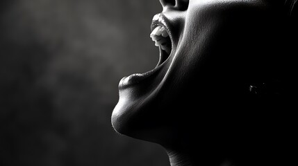 Captivating Silhouette of Woman with Mouth Open in Expressive Shout Against Dark Background, Symbolizing Emotion, Passion, and Freedom in Artistry