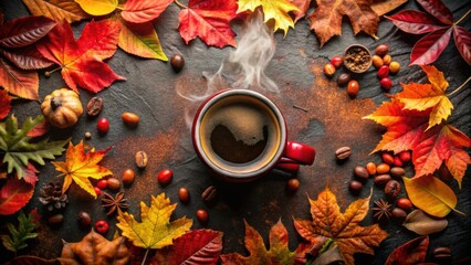 A steaming cup of coffee surrounded by autumn leaves, gourds, and spices, a cozy autumnal scene.