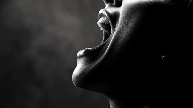 Captivating Silhouette of Woman with Mouth Open in Expressive Shout Against Dark Background, Symbolizing Emotion, Passion, and Freedom in Artistry