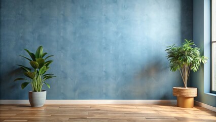 Fototapeta premium A minimalist interior featuring a textured blue wall, wooden floors, and two potted plants, offering a tranquil and inviting space for design inspiration.