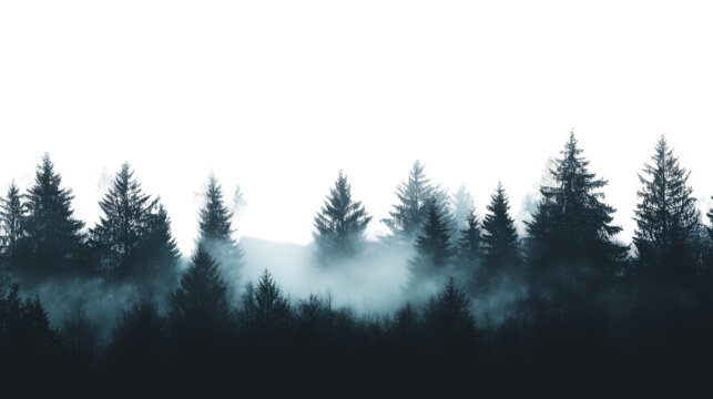 Landscape of a foggy coniferous forest, transparent background
