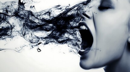 Emotional Expression Through Art: A Captivating Image of a Woman Emitting Black Smoke from Her Open Mouth, Symbolizing Anger, Struggle, and Inner Turmoil in a Creative Conceptual Design