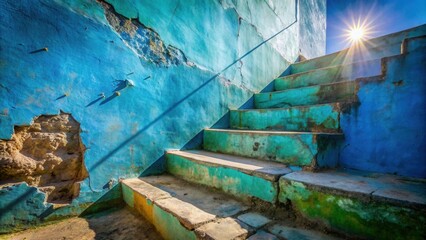 Awe-inspiring view of weathered steps ascending towards a brilliant sun shining through a faded blue wall