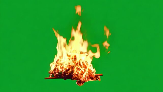 Burning firepit with wooden logs isolated on chroma key green screen background. Campfire flames overlay cut out motion graphics design element. Blazing fire animation/ render.