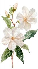 Fototapeta premium Elegant Jasmine Watercolor Painting with Fresh Green Leaves