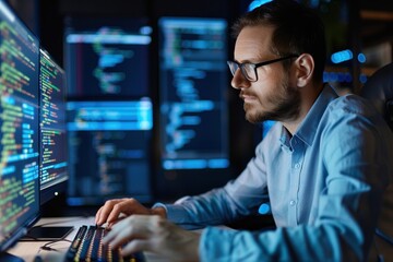 A focused programmer analyzes code on multiple screens in a dimly lit room, showcasing a high-tech environment.