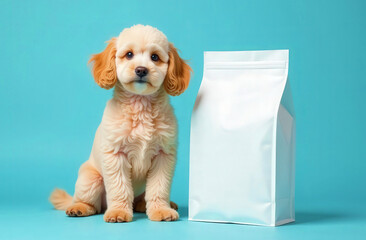 Small fluffy puppy sitting beside a plain white food package, isolated on a clean blue background, representing pet food branding