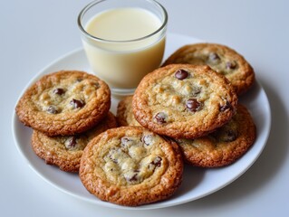 A plate of chocolate chip cookies accompanied by a glass of milk.