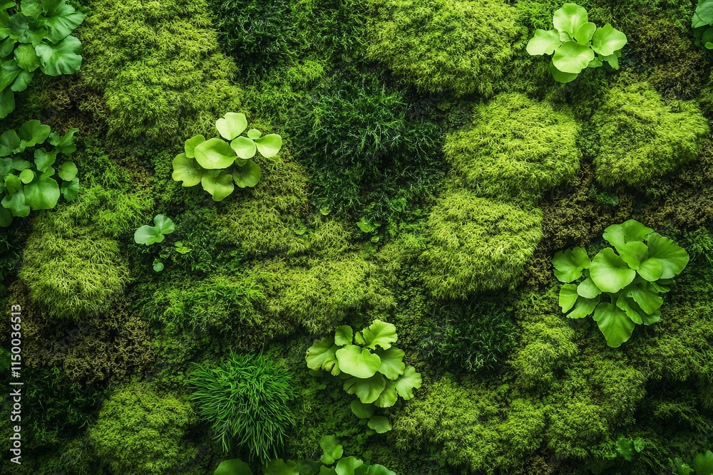 Poster moss-covered tree bark adorned with lush greenery showcasing nature's vibrant textures in a tranquil