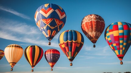 Obraz premium Colorful Hot Air Balloons Floating Against a Clear Blue Sky, Vibrant Hot Air Balloon Festival with Stunning Designs, Scenic Sky Filled with Multicolored Hot Air Balloons