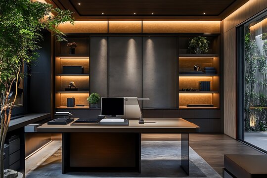 Modern Executive Office Design With Built In Shelving