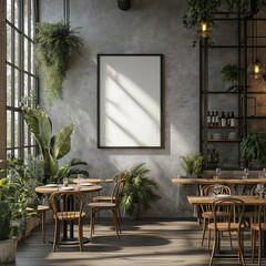 Mock-Up Poster Frame in Modern Cafe Interior - 3D Render