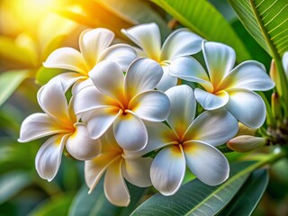 Fototapeta premium White Frangipani Flowers Close-Up, Tropical Bloom, Exotic Floral Background, Copy Space Right