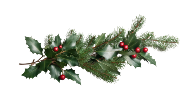 Festive holly branch with red berries on a transparency background christmas decor nature studio close-up holiday concept