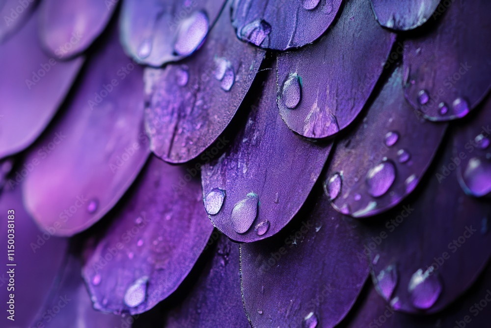 Poster texture of vibrant purple scales with droplets in close-up captured during soft lighting