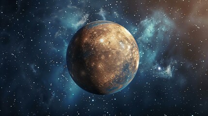 Obraz premium Large reddishbrown Mercury dominates night sky encircled halo light surrounded stars nebulae vast cosmic expanse