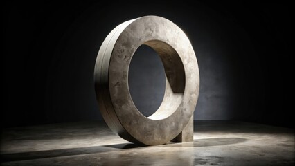 A weathered, circular concrete sculpture with a textured surface, casting a shadow on a dark, concrete floor.