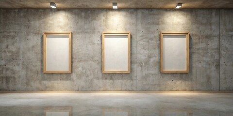 Three empty picture frames mounted on a concrete wall in a gallery setting with soft light coming from above
