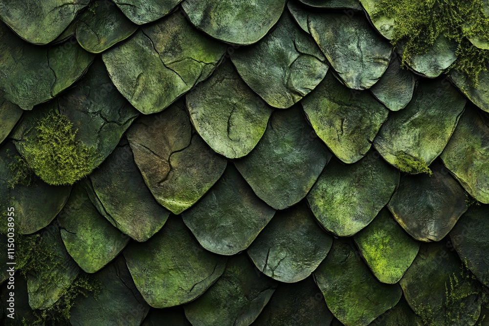 Poster dark green reptile skin texture showcasing unique scale patterns and natural moss accents for nature