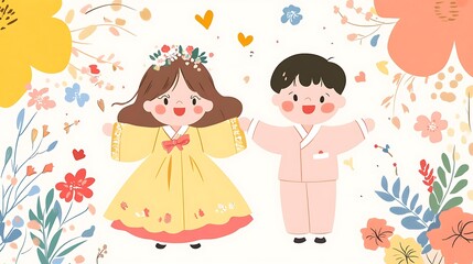 Cute Children Dressed in Traditional Korean Hanbok Surrounded by Nature