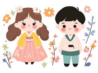 Cute Children Dressed in Traditional Korean Hanbok Surrounded by Nature