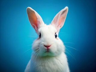 Obraz premium White Rabbit on Blue Background: Studio Shot of a Domestic Rabbit