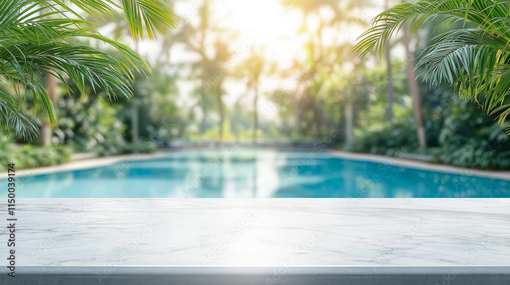 Poster a spacious white marble stone table top shines under gentle sunlight, set against a backdrop of vibr