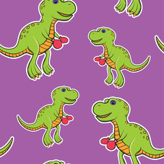 green children's cartoon t-rex pattern with boxing gloves and black eye with white sticker border