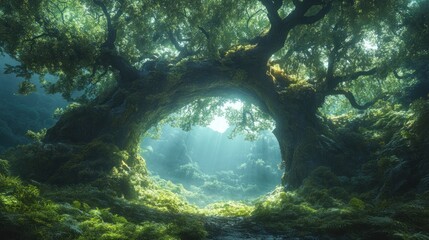 Ancient trees form mystical arch, sunlight streams through.