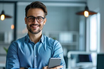 Obraz premium A smiling man in glasses holds a smartphone, standing in a modern office environment with stylish lighting and a friendly atmosphere.