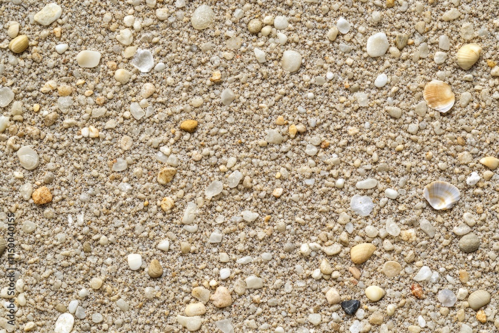 Poster Sandy surface texture with small pebbles creating a natural pattern found on beaches or riverbanks