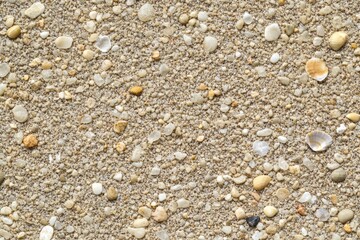 Sandy surface texture with small pebbles creating a natural pattern found on beaches or riverbanks