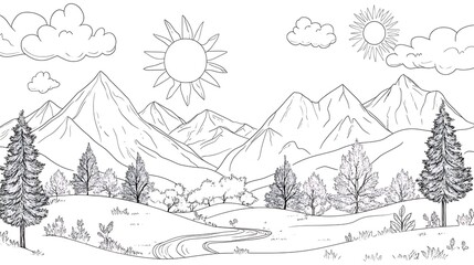 Beautiful Mountain Landscape Coloring Page for Relaxation and Creativity