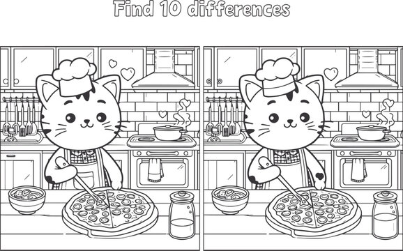 Digital Coloring Page and Spot the Difference Game Cat Making Pizza