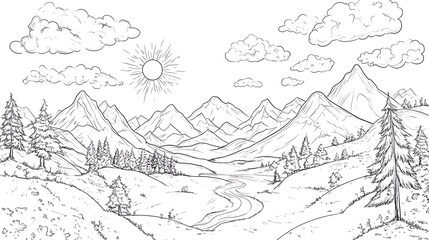 Fototapeta premium Beautiful Mountain Landscape Coloring Page for Relaxation and Creativity