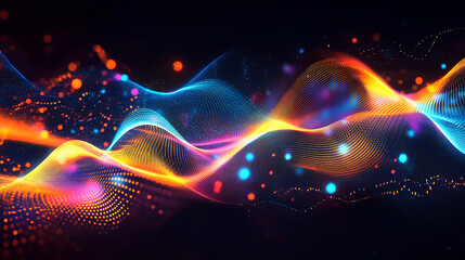 Obraz premium Abstract Energy Flow: A mesmerizing abstract background of vibrant, swirling energy waves, pulsating with luminescent particles, evokes a sense of dynamic movement and cosmic energy. 