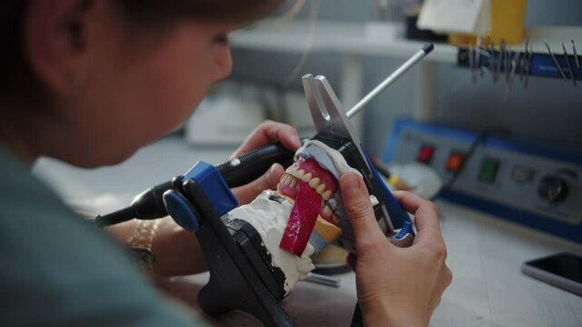 Dental Technician Adjusting Prosthetic Teeth on Articulator