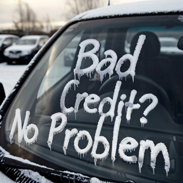 Car window bad credit no problem written frost lettering humorous take common phrase winter feel